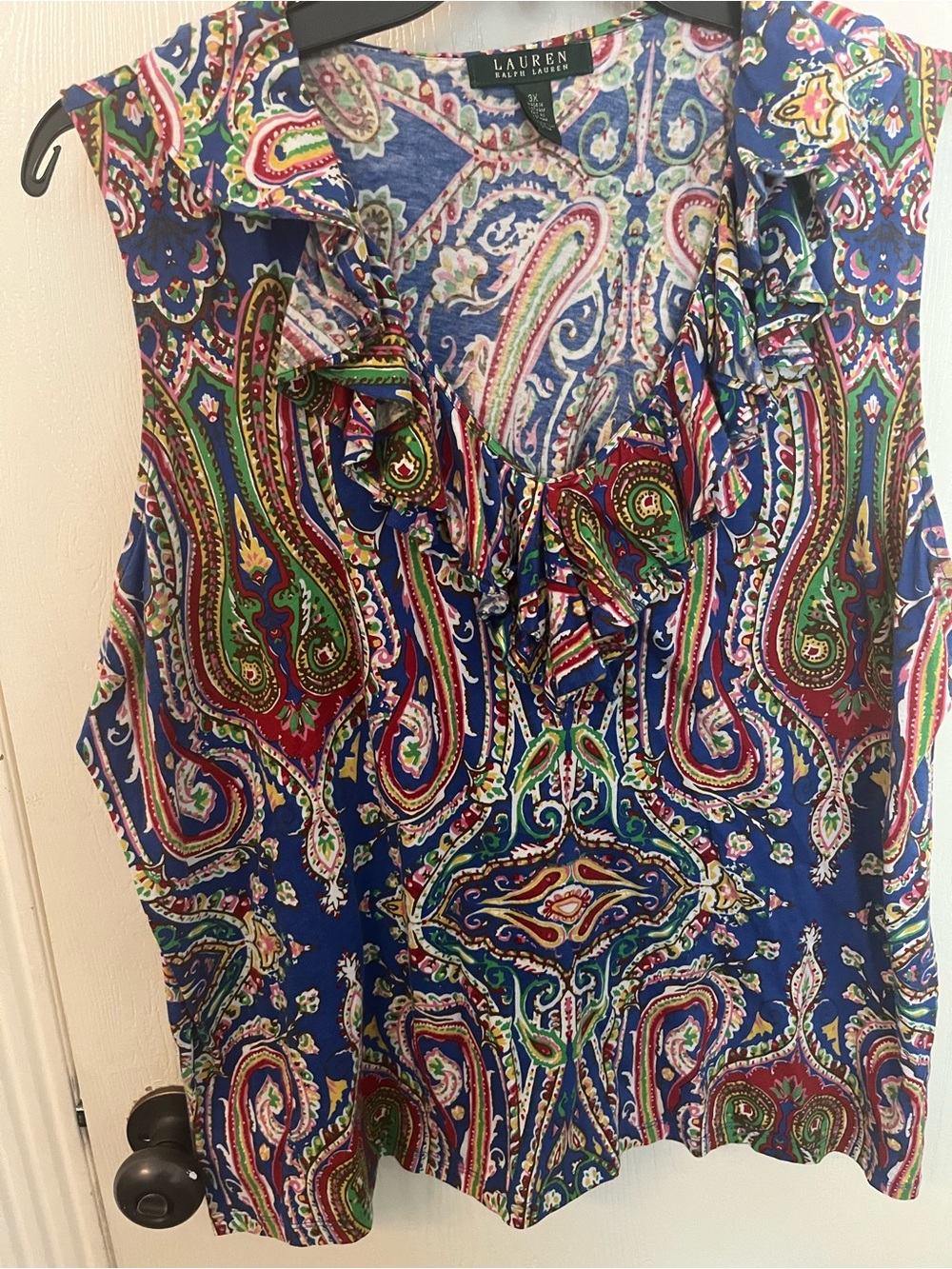 Lauren Ralph Lauren Blue Multicolor Paisley Ruffle V-Neck Shell